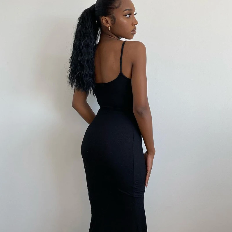 Dresses For Women 2025 Sexy Spaghetti Strap Black Long Dress Evening Y2k Sleeveless Solid Skinny Bodycon Maxi Vestidos