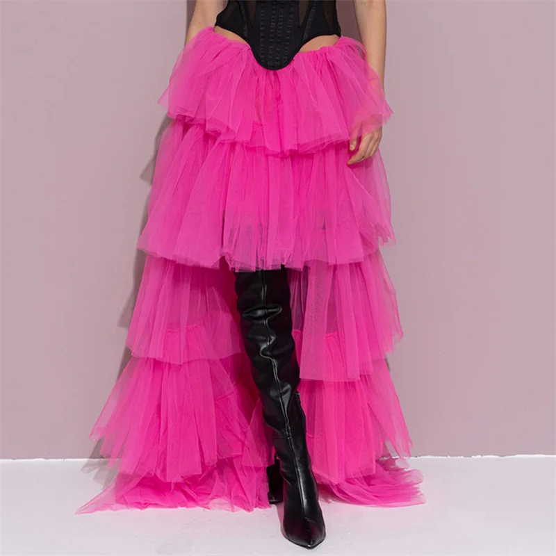Tulle Skirts Women y2k Solid Color Elastic High Waist Asymmetrical Hem Long Skirts Summer Evening Party Skirt Clubwear