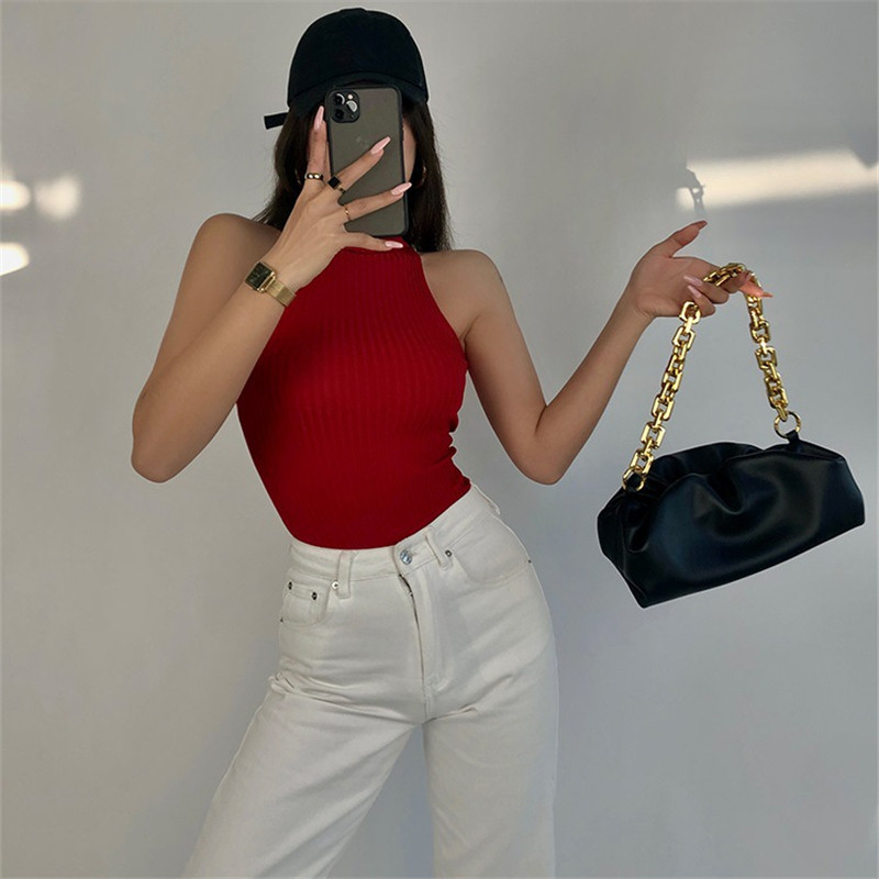 Summer High Neck Vest Women Sleeveless Solid Color Knit Ribbed Slim Fit Tank Tops y2k Clothes Lady Basic Clubwear