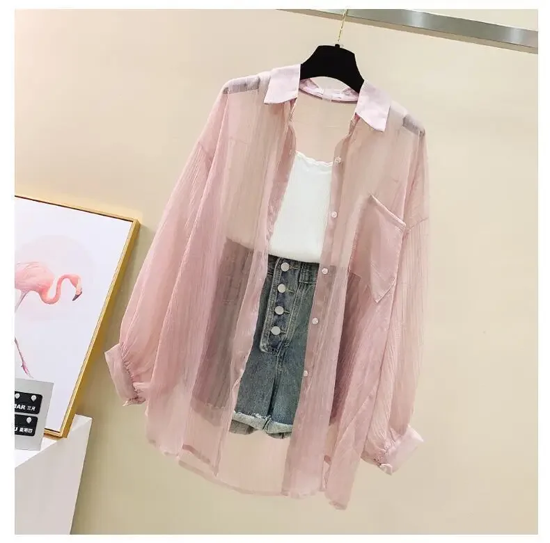 Women Elegant Long Sleeve Perspective Sheer Sunscreen Chiffon Blouse Korean Fashion Loose Shirt Women Summer Beach Cardigans