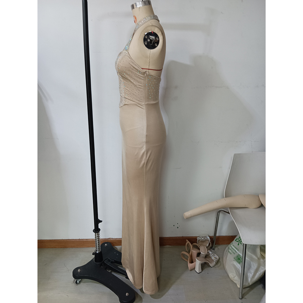 Summer Internet Celebrity Drilling Elastic Mesh Sling Dress Sexy Fishtail Dress Elegant High Sense Footwear
