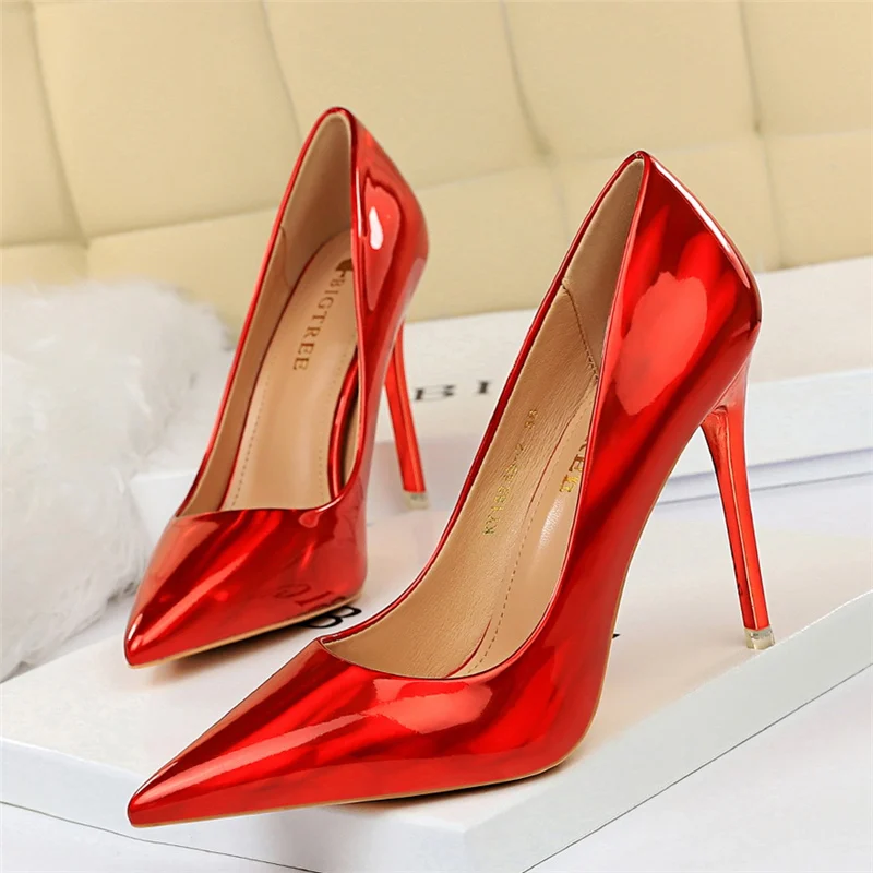 Women 10.5cm High Heels Blue Green Valentine Pumps Luxury Glossy Stripper Stiletto Wedding Bridal Fetish Shoes Plus Size 43