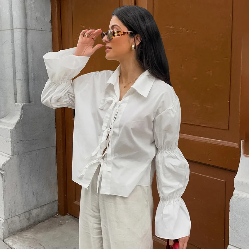 Chiffon Lace-Up Hollow Out Shirts Women's Lapel Patchwork Bandage Long Sleeve Fashion Blouse Top Female White Outwear