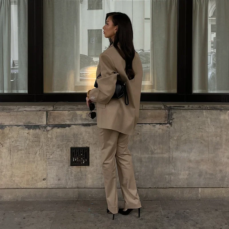 Striped Pant 2 Piece Set Women Double-breasted Full Sleeve Blazer Wide Leg Zipper Long Trousers Female 2025 Lady Commute Outfits