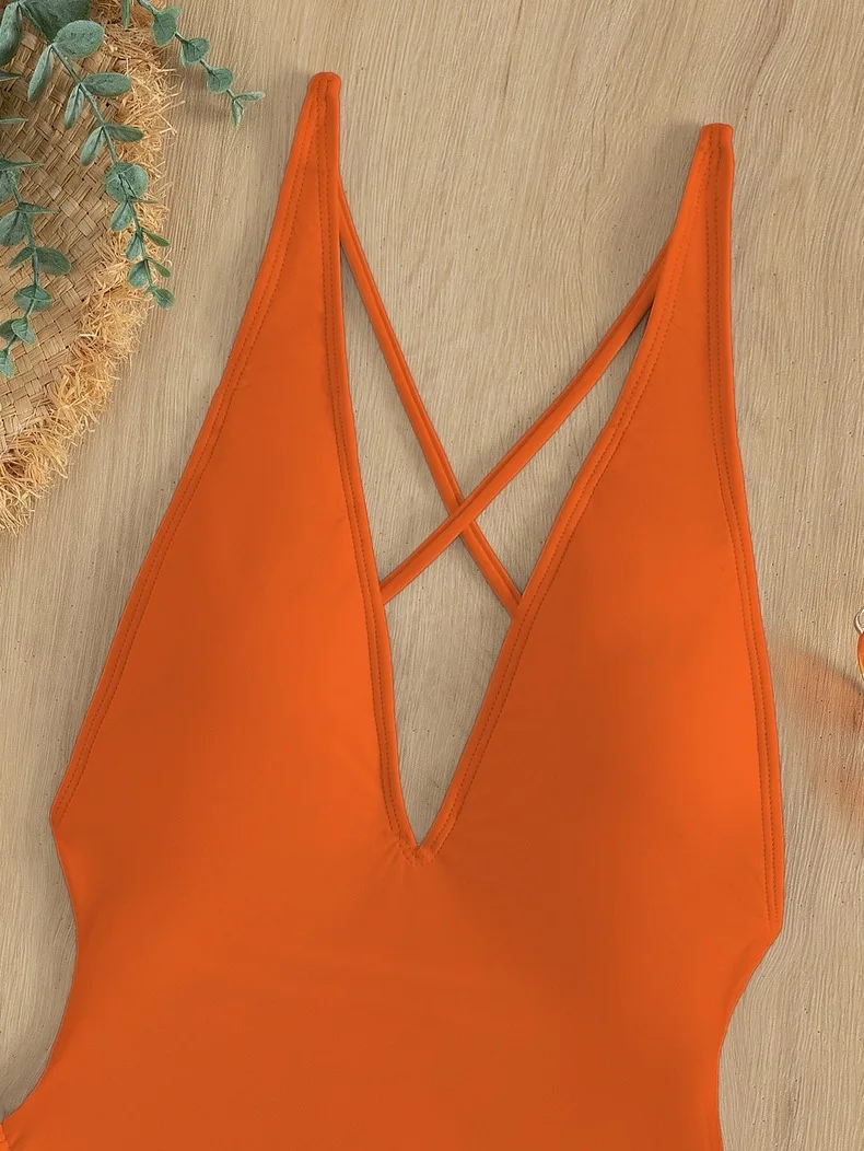 Solid V-neck One Piece Swimsuit for Women Sexy Cross Bandage Swimwear Backless Bathing Suit New Monokini