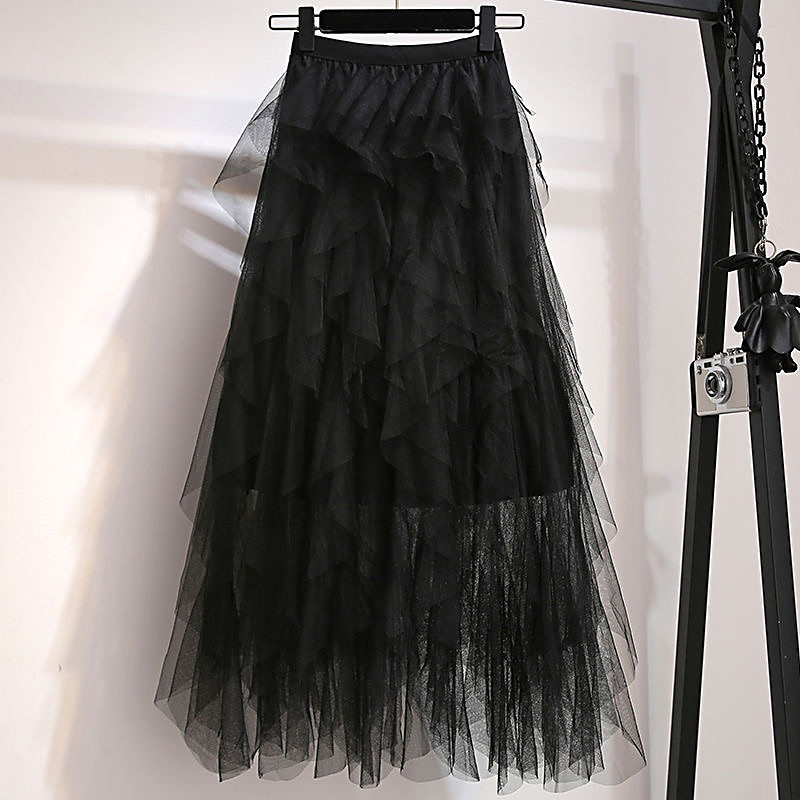 Autumn Winter Vintage Layered Tulle Skirt Women Elastic High Waist Mesh Skirts Long Pleated Tutu Skirt Jupe Longue