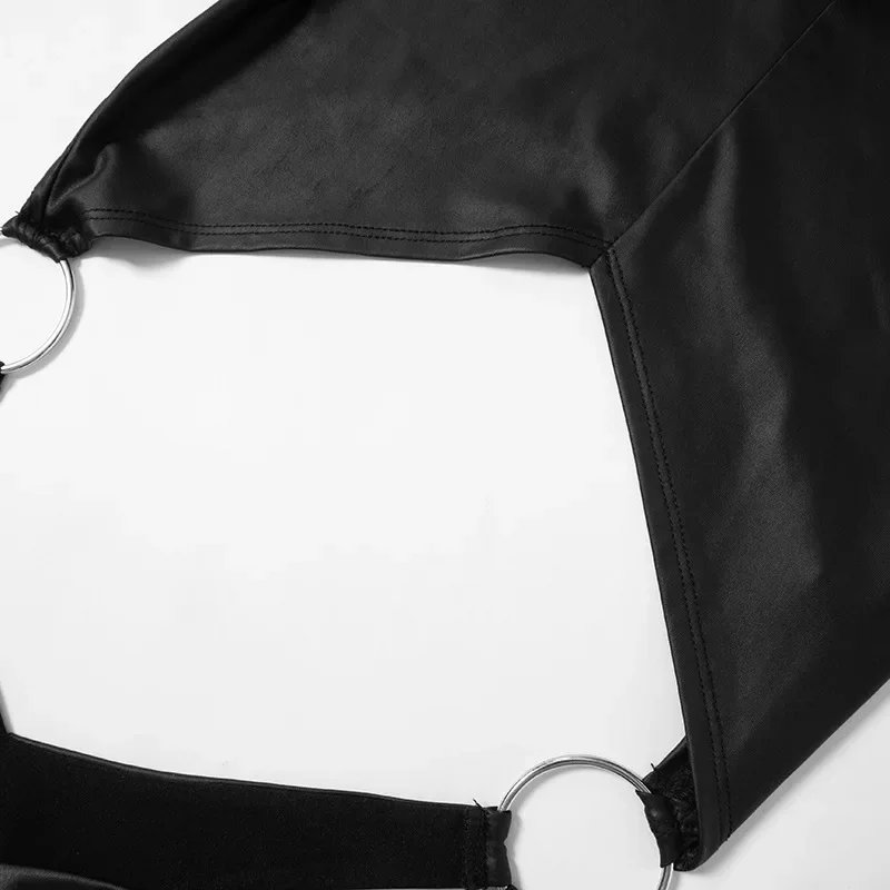 PU Sexy Bodysuit Lingerie Black Top Women Rave Outfit Short Sleeve Body Feminino Hollow Out One-Pieces Lenceria Bodys Sexy Mujer