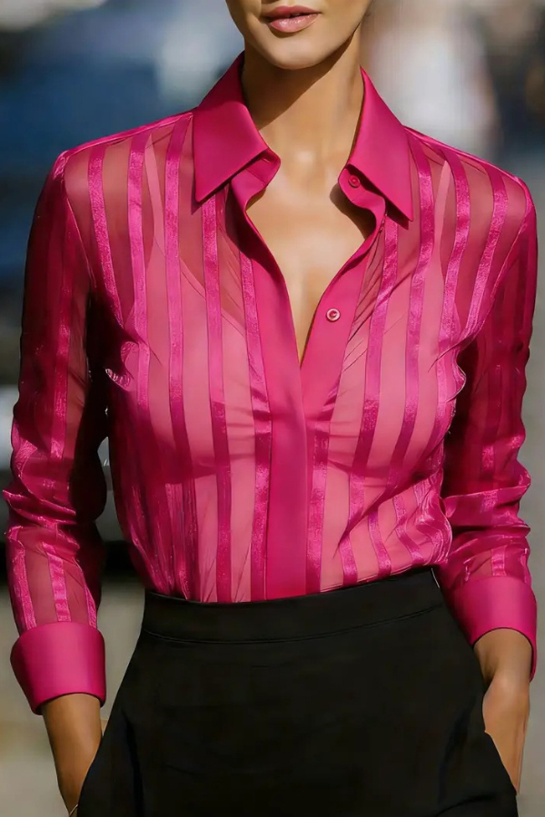 Stylish Sheer Striped Collared Long-sleeved Loose Casual Shirt