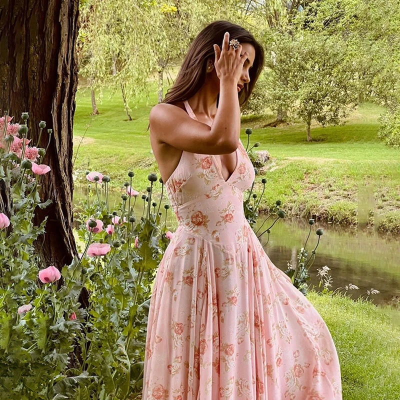 Sexy Print Deep V-neck Sleeveless Backless Neck-mounted Dress Women Slim High Waist Birthday Party Dress Femme Outfits