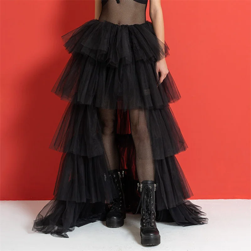Tulle Skirts Women y2k Solid Color Elastic High Waist Asymmetrical Hem Long Skirts Summer Evening Party Skirt Clubwear