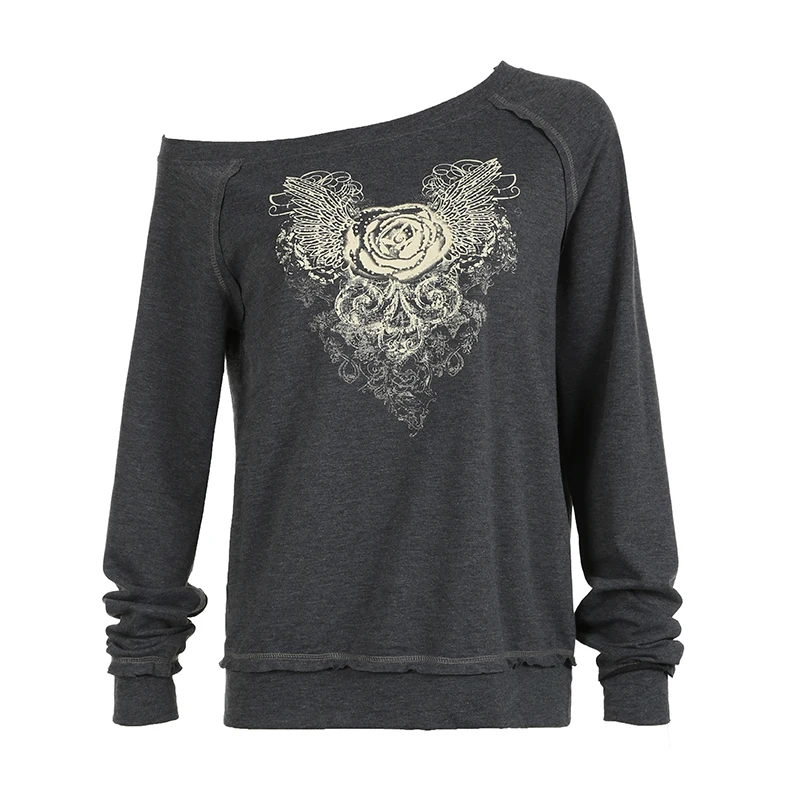 Women Graphic Print Slanted Collar Pullovers Y2K Street Outfits Harajuku Fashion Sweatshirt Grunge Style Retro Top