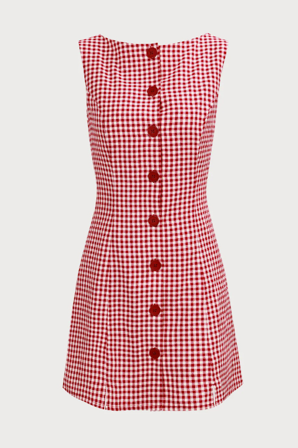 Retro Plaid Print Sleeveless Round Neck Button Casual Mini Dress