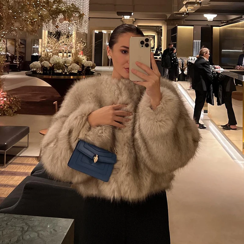 Chic Street Blogger Fashion Girls Winter Trendy Faux Raccoon Fox Fur Coat Jacket Women Thick Warm Cropped Fluffy Overcoats