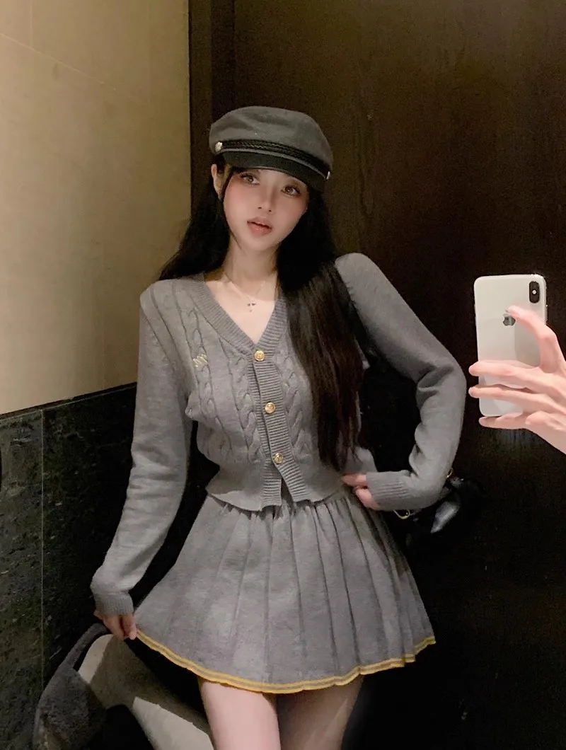 Autumn Knitted Two Piece Skirt Set Women Long Sleeve Single Breasted V-neck Top Mini Pleated Skirt Korean Chic Female Outfit New