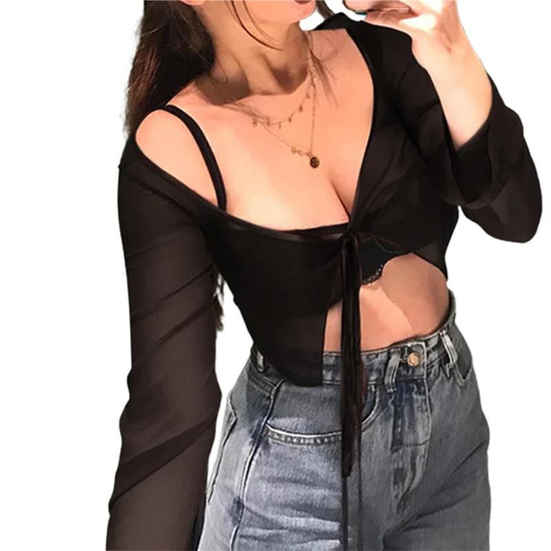 Vintage Aesthetic Crop Top Summer Women Mesh Long Sleeve T Shirt Lace Up Bandage Clothes y2k Clothes Casual Grunge Tees