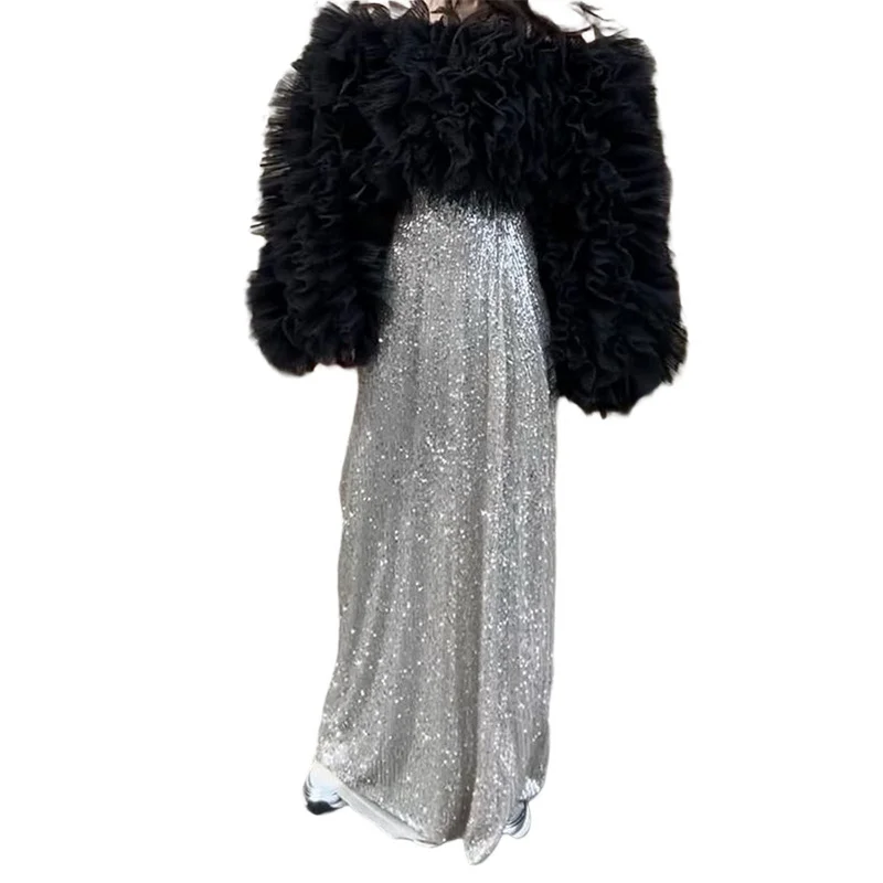 Sequin Long Skirts for Women Solid Color Elastic High Waist Skirt Fashion Elegant Ladies Evening Party Skirt Clubwear