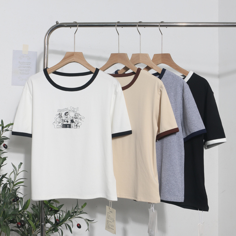 Real Shot Loose Slimming Printed round Neck Contrast Color Short Sleeve Casual Bottoming Shirt Top T shirt