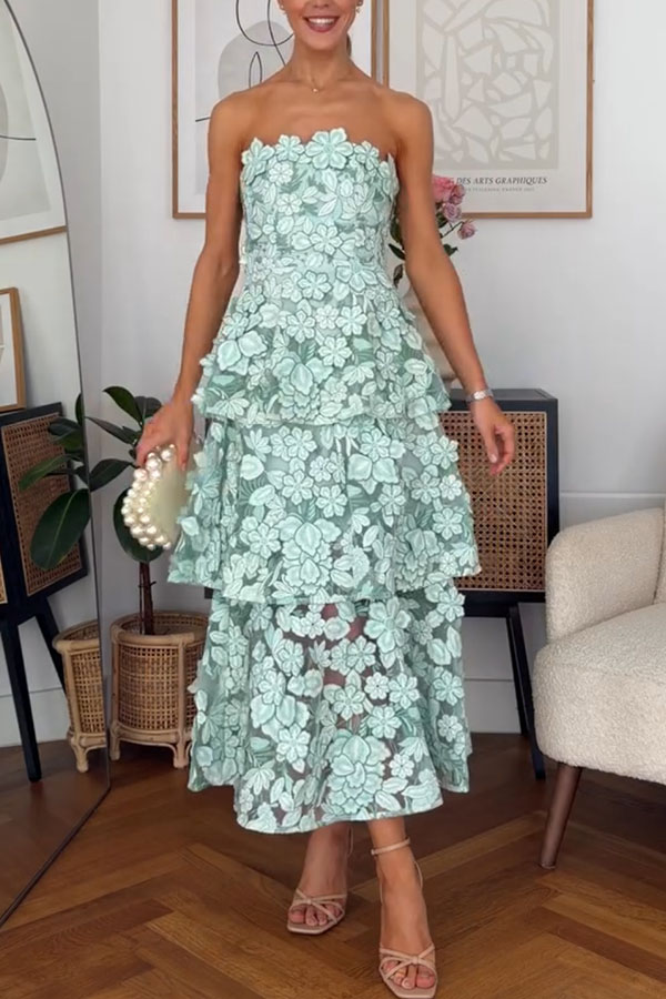 Cocktail Events 3D Embroidery Floral Detail Off Shoulder Tiered Hem Maxi Dress