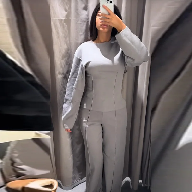 Casual Women's 2-piece Solid Pants Sets Long Sleeve O-neck Sweatshirts Wide Leg Pleated Trousers Autumn Lady Lazy Tracksuit