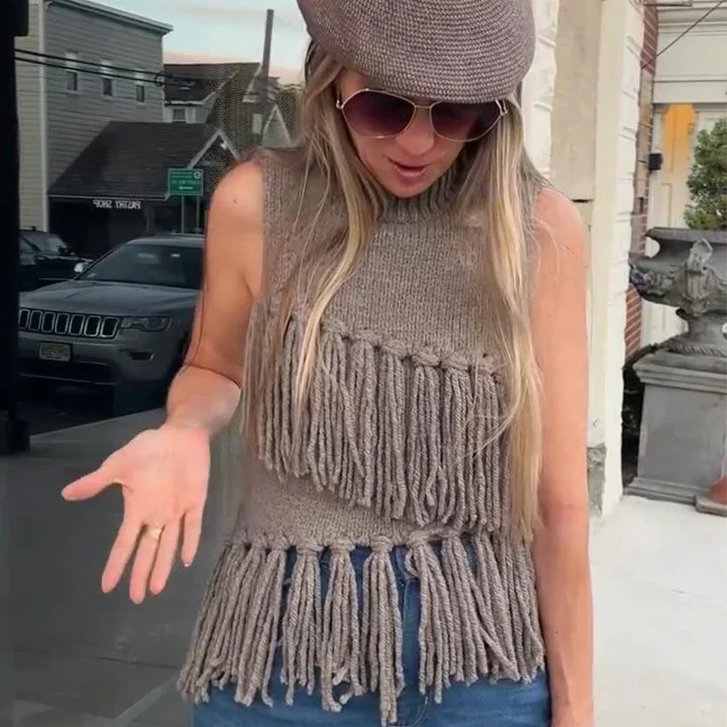 Street Tassel Knitted Vest Sweater For Women Half-high Collar Sleeveless Slim Fit Tank Top Female 2025 Spring Lady Soft Outwear