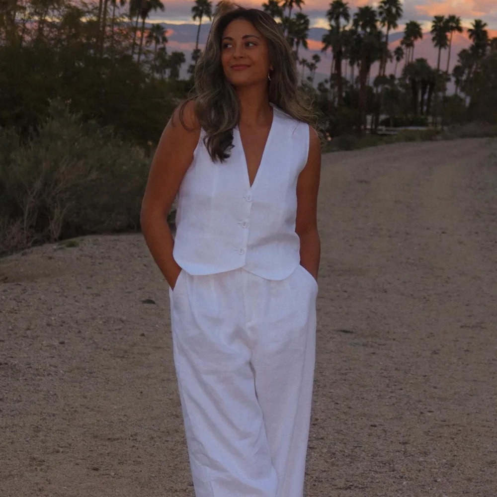 Casual Women 2 Piece-Set Straight Legg And Sleeveless Top Vestidos Sets Slim V-Neck Summer Pocket Fashion Trousers Sets