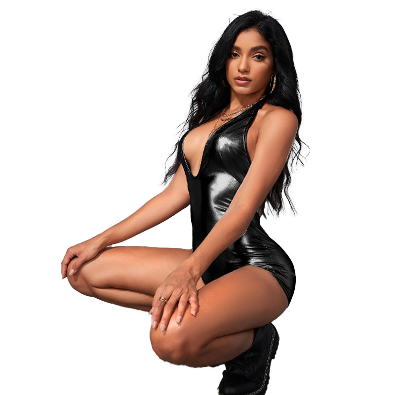 Sexy Nightclub Women Clothing Metallic Coated Fabric High Waist Tight Jumpsuit Backless Deep V Plunge Lace up Sexy