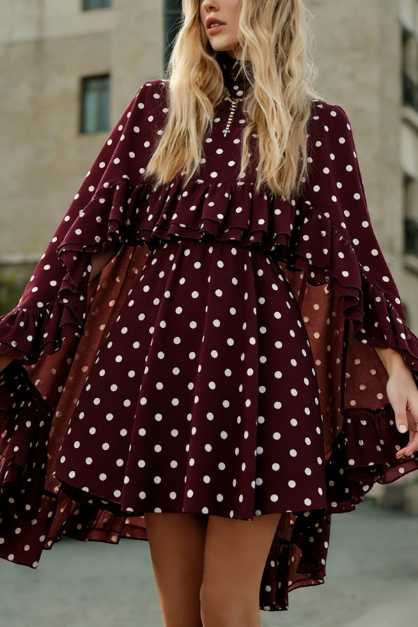 Solid Color Loose Stand Collar Ruffled Top and V-neck Camisole Fitted Waist Mini Dress Set