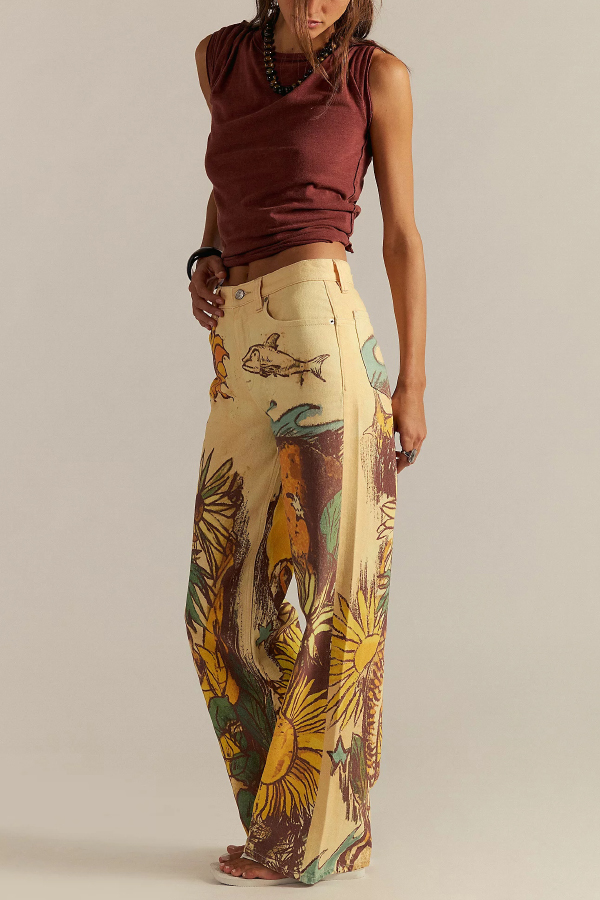 We The Free Denim Playful Doodle Printed Mid Rise Pocket Wide Leg Jeans