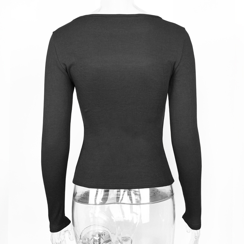 Women Clothing Autumn Winter Chest Hollow-out Long-Sleeved Top Sexy Stretch Rib T-shirt for Women