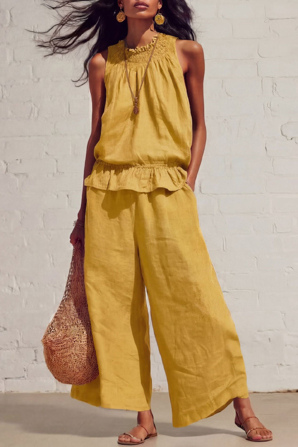 Linen Blend Round Neck Sleeveless Ruffled Top and Elastic Waist Casual Pocket Wide-leg Pants Set