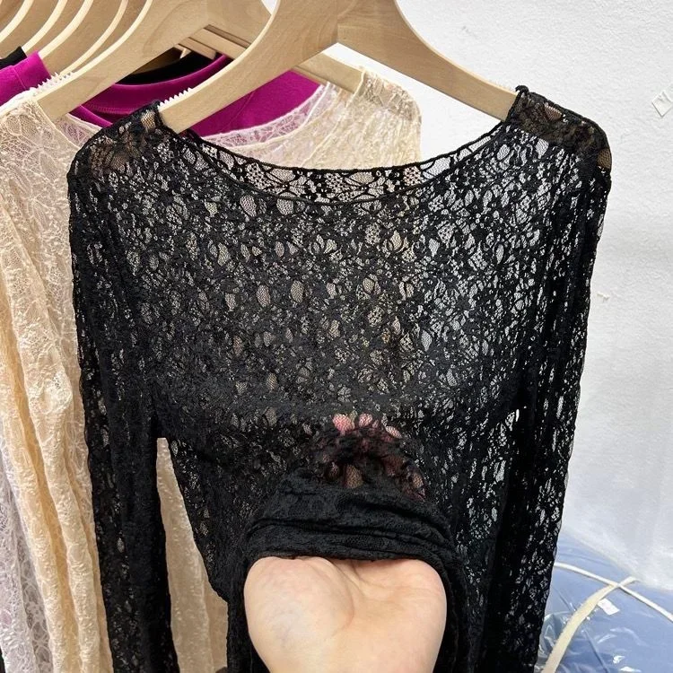 Women Lace Mesh High Collar Bottom T-shirts Female Long Sleeve Autumn Casual Style Tight Thin Tops T-shirts Women Clothes