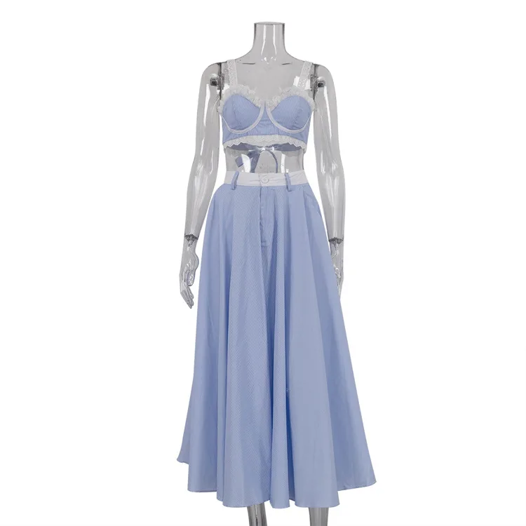 Lace Patchwork 2 Piece-Set Long Skirt For Women Contrast Slim Backless Cropped Tank Top And High Waist Maxi Skirt Outfits