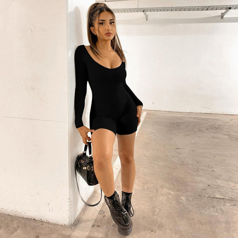 Women Clothing Winter Solid Color Rib U Neck Long Sleeved Slim Fit Hip Raise Sports Jumpsuit Women