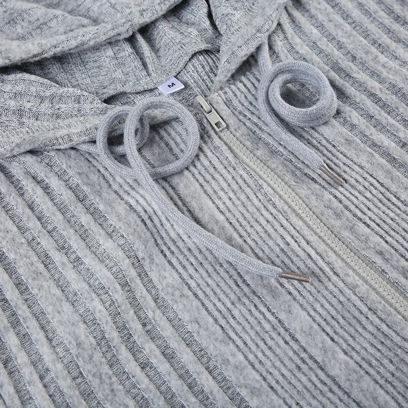 Gray Zip Up Knitted Hooded Jackets Women Pockets Details Solid Simple Basic Minimalist Slim Long Sleeve Hoodies Knitwear