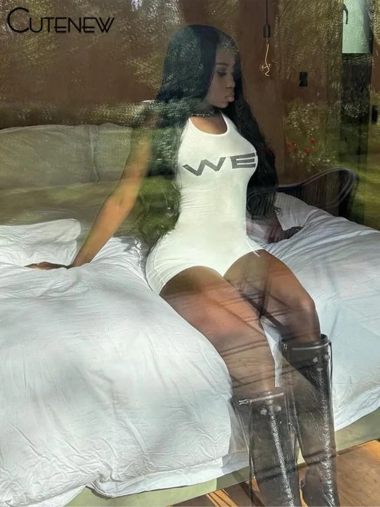 Letter Print Playsuits Women Concise Casual Summer Tank Style O-neck Slim Rompers Female Sporty Style Basic One Piece