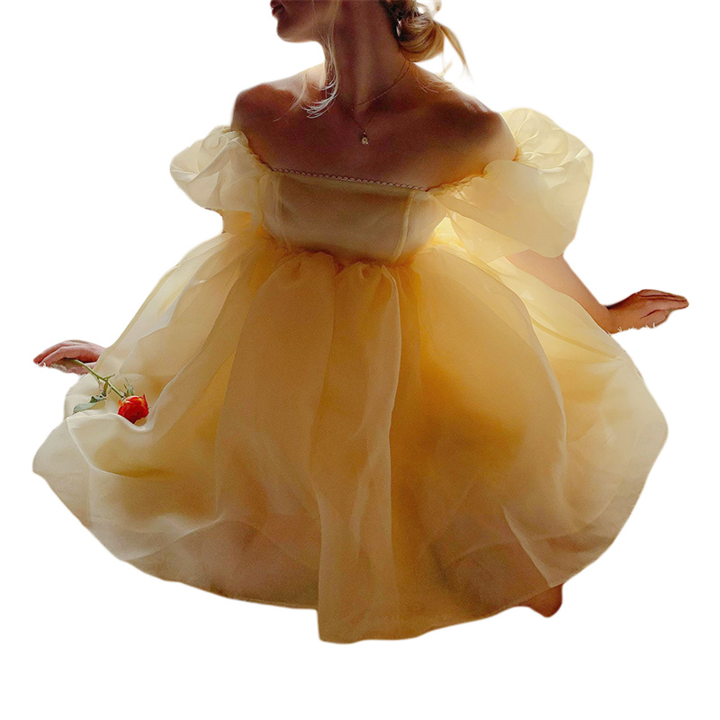 Puffy Dresses for Women y2k Aesthetic Solid Color Square Neck Bubble Sleeve Dress Sweet 2000s Party Dresses Streetwear