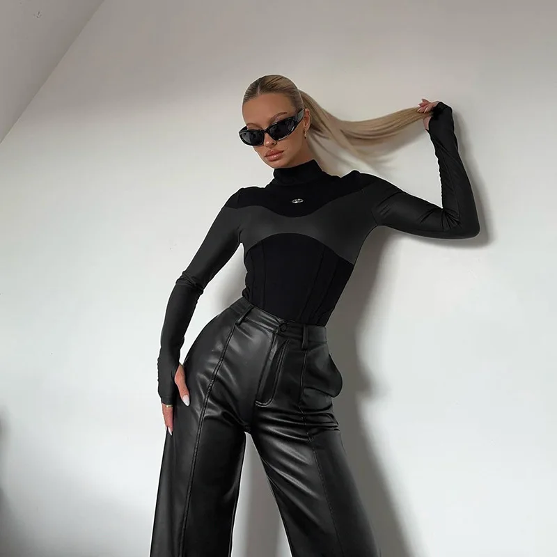 Long Sleeve Bodycon Lenceria Femenina Turtleneck Lingerie Sexy Body Feminino Black Tops Women PU Patchwork One-Pieces Bodysuit