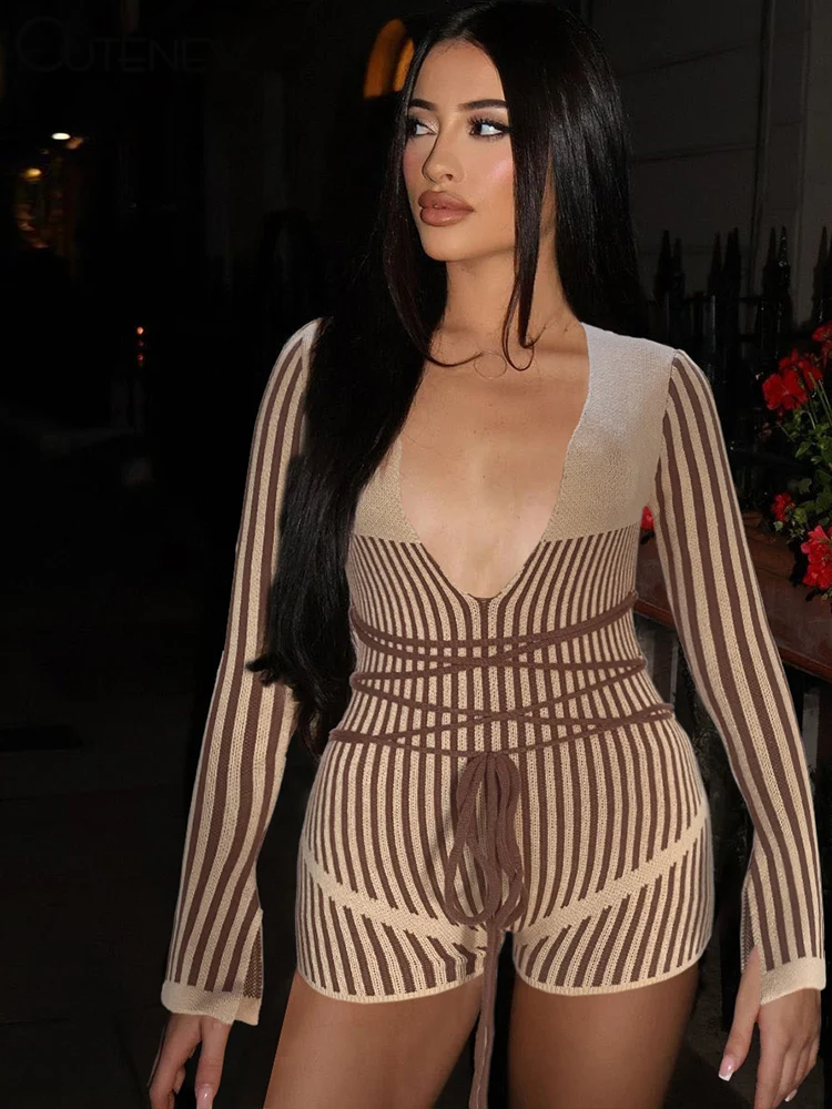 Stripe Knit Women Playsuits Classic Fashion Full Sleeve Low V-neck Bandage Slim Rompers Crochet Women Mujer Attirewear
