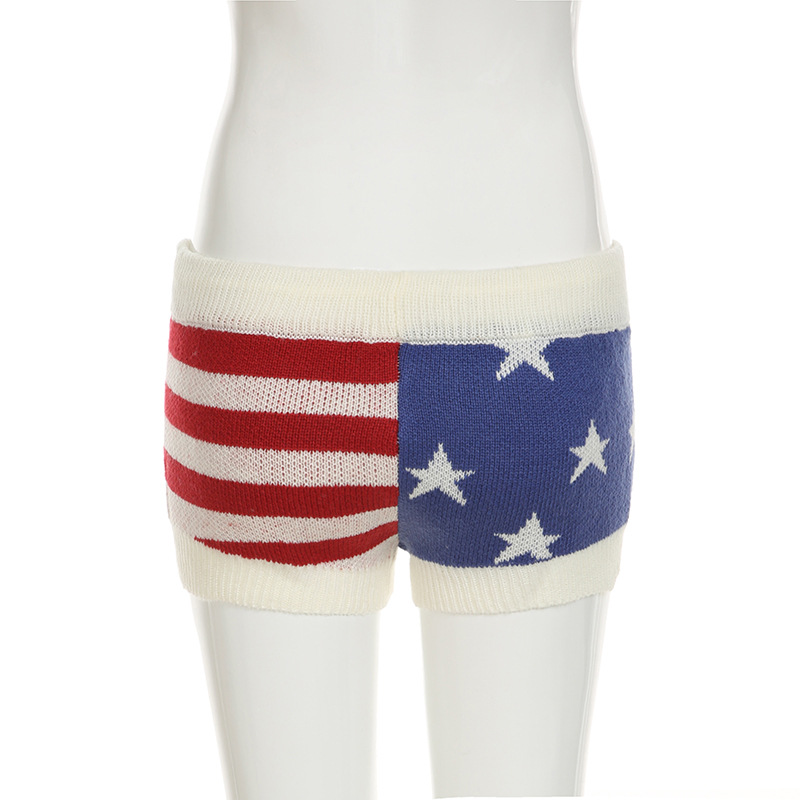 Street Sexy Low Waist Star Stripes Contrast Color Woolen Shorts Sexy Lace up Slim Fit All Match Retro Pants
