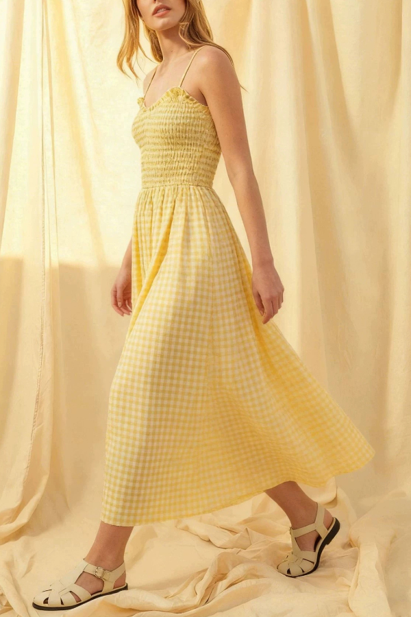 Stylish Plaid Print Spaghetti Strap Ruched Casual Pocket Maxi Dress