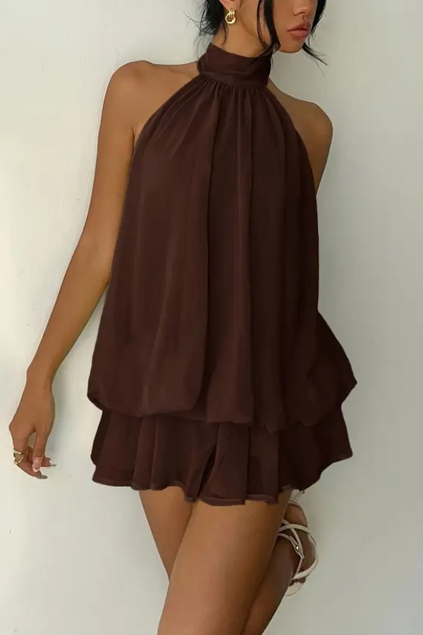 Fashionable Chiffon Halter Neck Backless Lace-up Casual Vacation Mini Dress