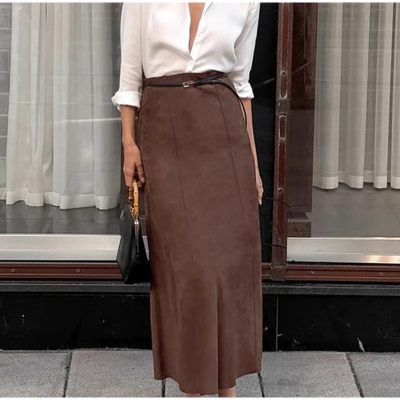 Vintage Suede Brown Skirts Women Fashion Pleated Slim Zipper Office Lady Skirts Elegant Female High Waist Party Wear New