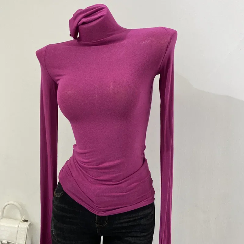 Thin Soft American Long Sleeve T-shirt High Stacked Neck Tight Perspective Bottom Shirt Women's Slim Fit Tops Sexy Streetwear