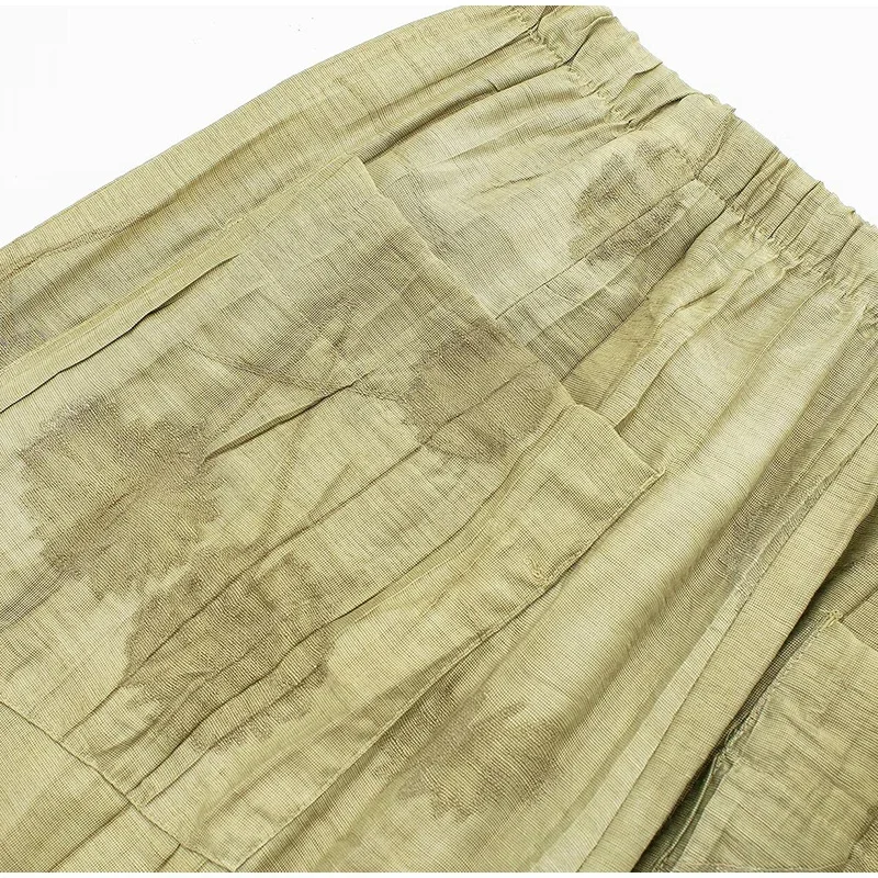 New Linen Tie-dye Print Long Pants Sets For Women Lapel Half Sleeve Single Breasted Shirts Drawstring Wide Leg Pant 2 Pieces Set