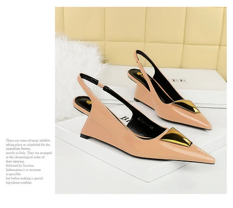 Patent Leather High Heels Wedges Shoes Lady Trendy Pumps Pointed Toe Hollow Back Strap 6.5 Cm Women Sandals White Heels Shoes