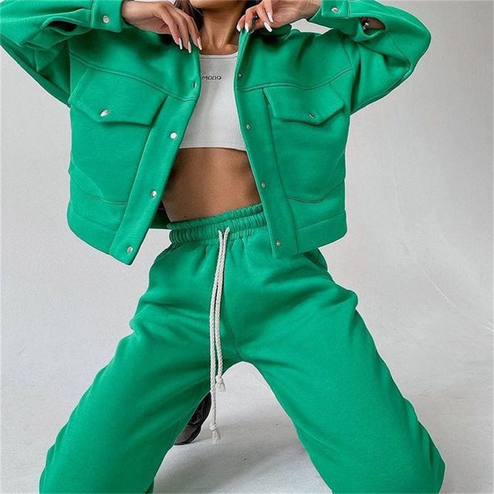 Autumn Winter Solid Color Women Jacket Top Casual Trousers Suit Long Sleeve Coat Sweatshirt Two Piece Set for Women
