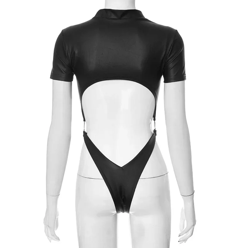 PU Sexy Bodysuit Lingerie Black Top Women Rave Outfit Short Sleeve Body Feminino Hollow Out One-Pieces Lenceria Bodys Sexy Mujer