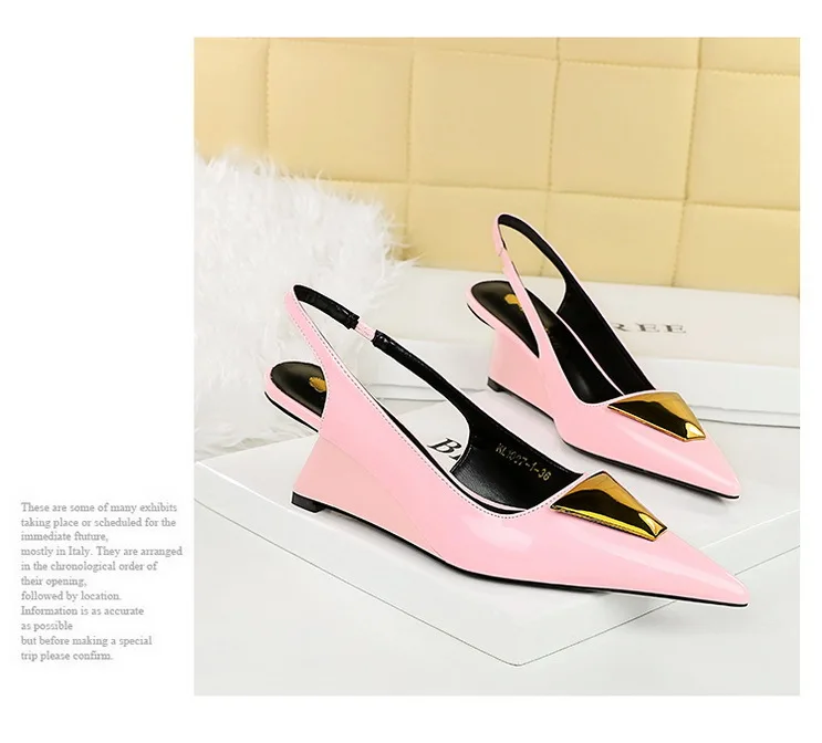 Patent Leather High Heels Wedges Shoes Lady Trendy Pumps Pointed Toe Hollow Back Strap 6.5 Cm Women Sandals White Heels Shoes