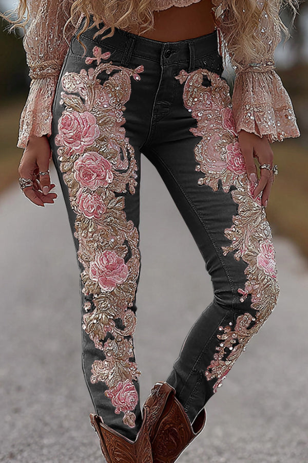 3D Floral Print Pocket Casual Jeans