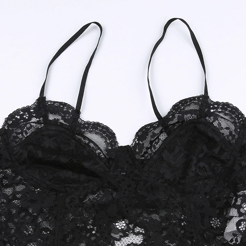 Black See Through Sexy Asymmetrical Goth Lace Camisole Women Rave Baddie Outfits Crop Top